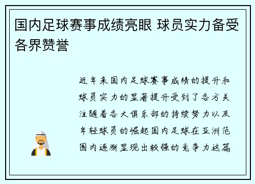 国内足球赛事成绩亮眼 球员实力备受各界赞誉