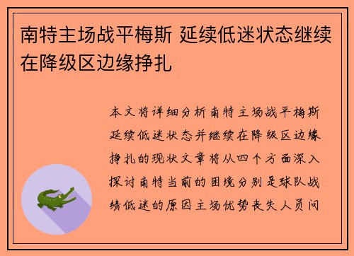 南特主场战平梅斯 延续低迷状态继续在降级区边缘挣扎