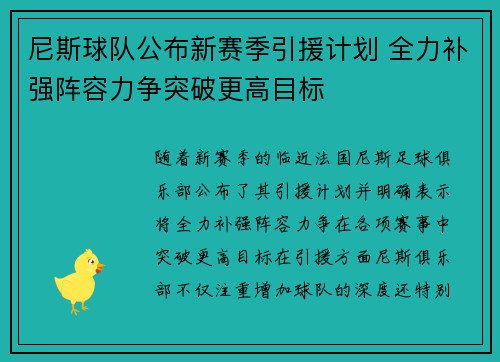 尼斯球队公布新赛季引援计划 全力补强阵容力争突破更高目标