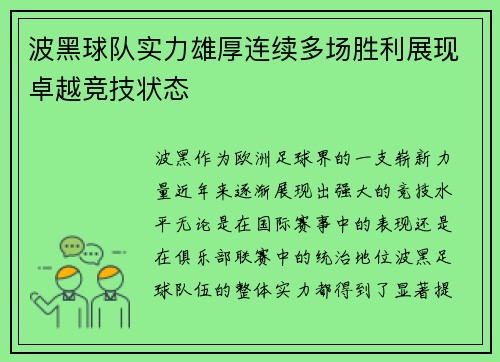 波黑球队实力雄厚连续多场胜利展现卓越竞技状态