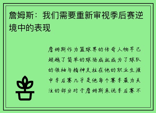 詹姆斯:我们需要重新审视季后赛逆境中的表现