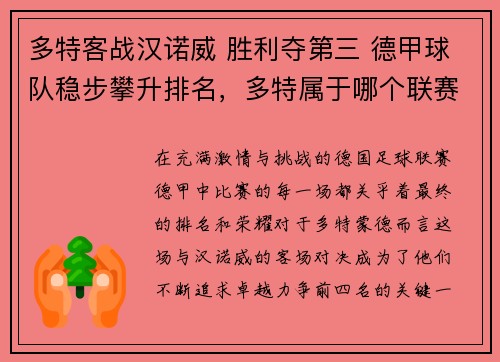 多特客战汉诺威 胜利夺第三 德甲球队稳步攀升排名,多特属于哪个联赛