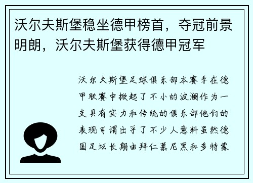 沃尔夫斯堡稳坐德甲榜首，夺冠前景明朗，沃尔夫斯堡获得德甲冠军