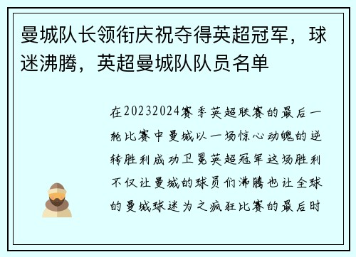 曼城队长领衔庆祝夺得英超冠军，球迷沸腾，英超曼城队队员名单