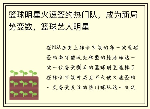 篮球明星火速签约热门队,成为新局势变数,篮球艺人明星